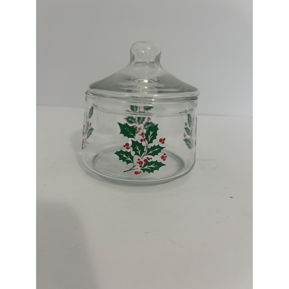 Vintage Glass Candy Jar, Christmas Holly Berry Lid, Holiday Cookie Canister